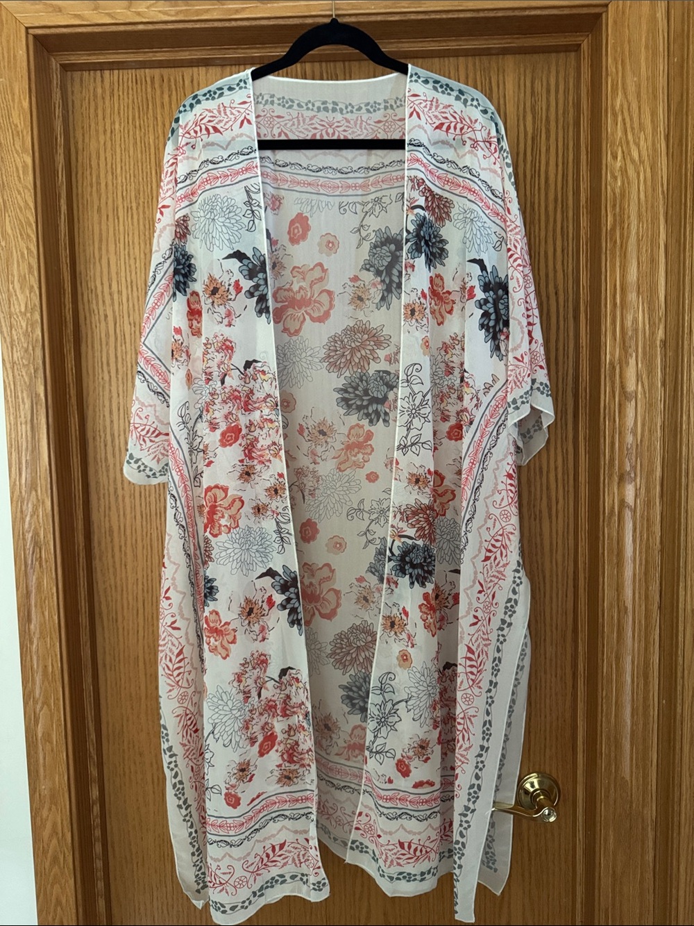 Sheer Floral Kimono Duster in White with Coral & Navy Accents